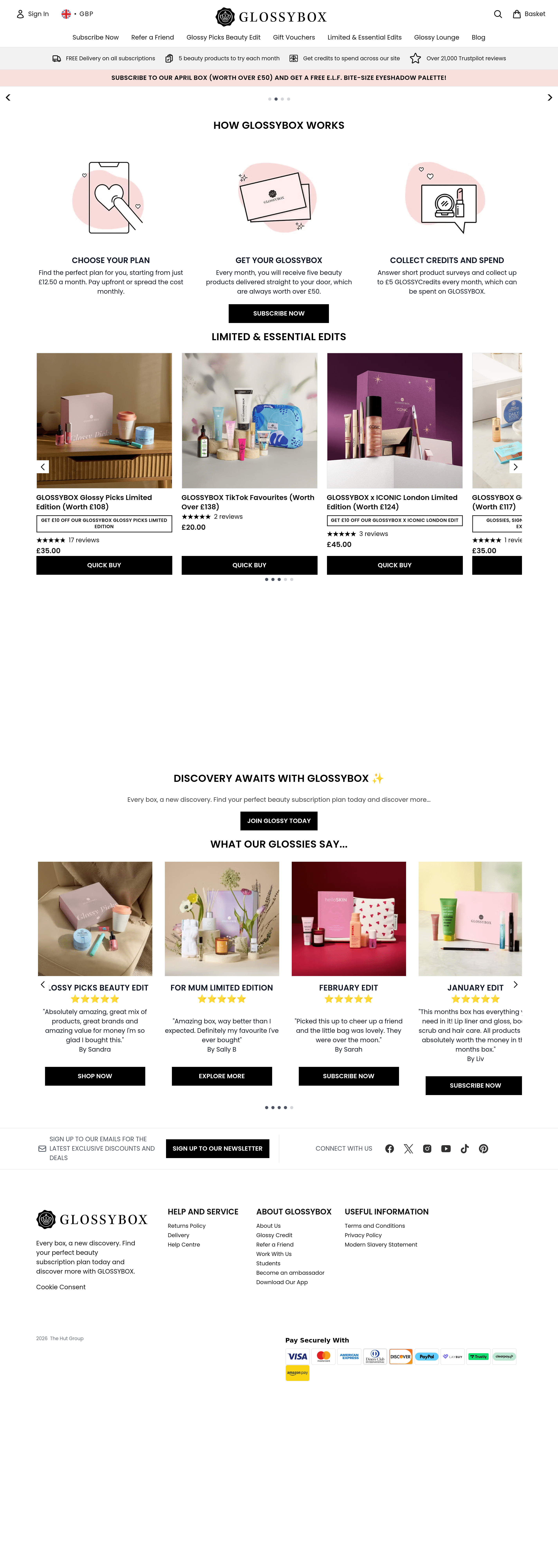 Glossy Box landing page screenshot